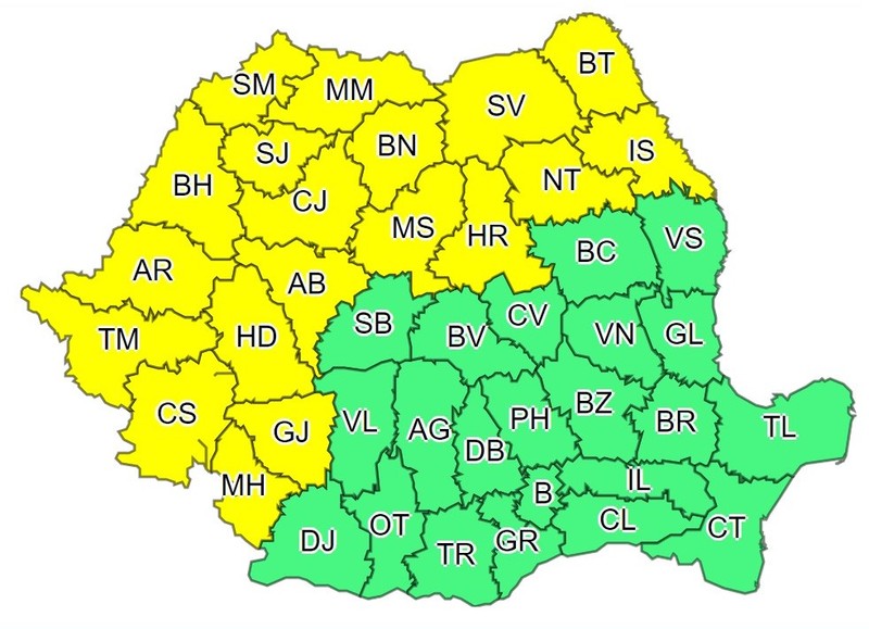 Codul galben de ploi torențiale este valabil între 9 septembrie, ora 10:00 și 10 septembrie, ora 22:00, pentru 19 județe