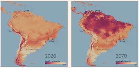 America de Sud acum și în 2070, în cel mai pesimist scenariu. Culoarea închisă reprezintă zona cu condiții nepotrivite de locuire Sursa: Financial Times