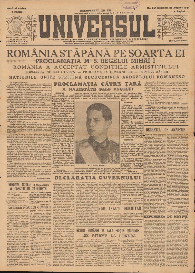 Proclamația către țară a Regelui Mihai din 23 august 1944, apărută în ziarul Universul