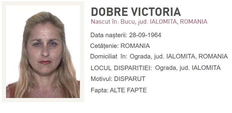 Anunțul dispariției Victoriei Dobre. Sursa foto: Poliția Română