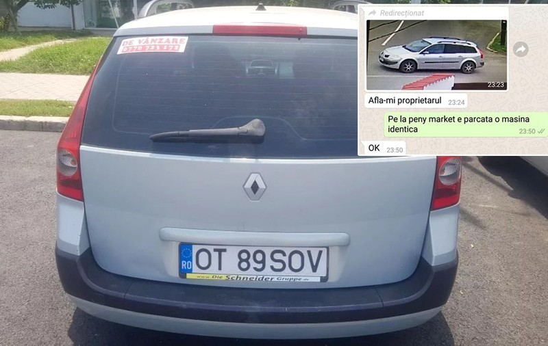 Mașina indicată poliției de interlopul Rădoi la Penny Market era pusă la vânzare și avea și numărul de telefon în geam!