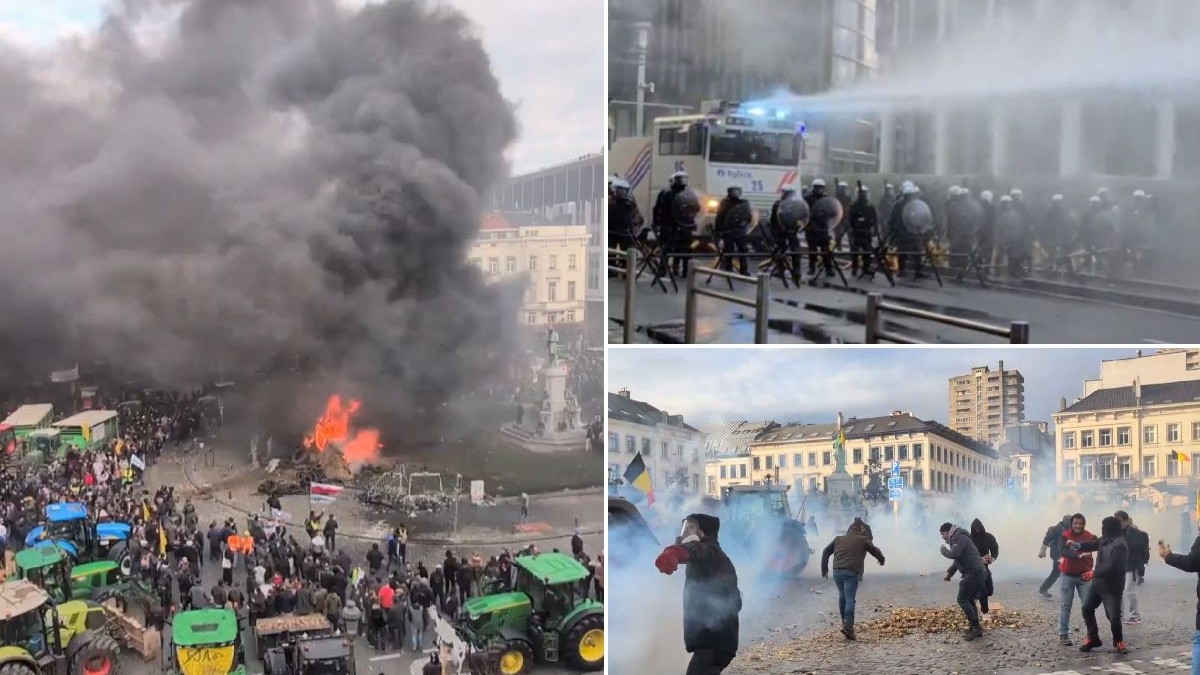 Colaj fotografic al unui protest haotic și violent. Flăcări, fum, tunuri cu apă, tractoare, manifestanți și polițiști domină scena.