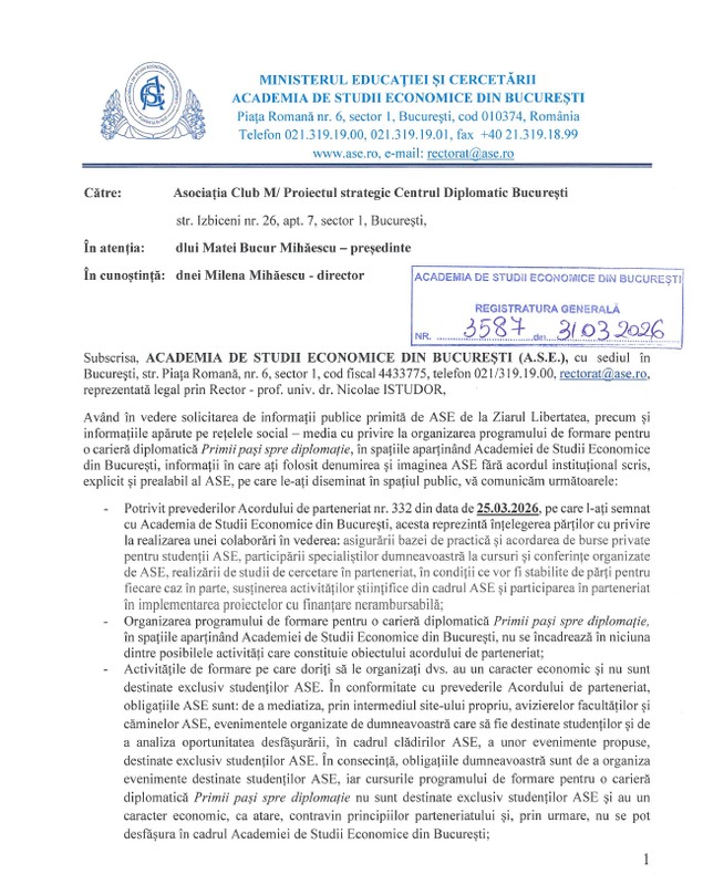 ASE și MAE se distanțează de Centrul Diplomatic București, care dorește să formeze tineri pentru o carieră diplomatică, prin cursuri oferite de Adrian Severin 