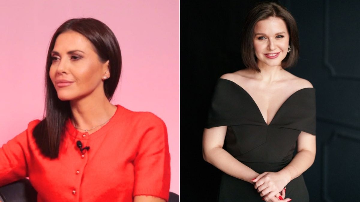 Colaj foto cu Irina Gologan, în stânga, îmbrăcată într-o rochie roșie pe fundal roz, și Raluca Hagiu, în dreapta, îmbrăcată într-o rochie neagră, pe fundal negru
