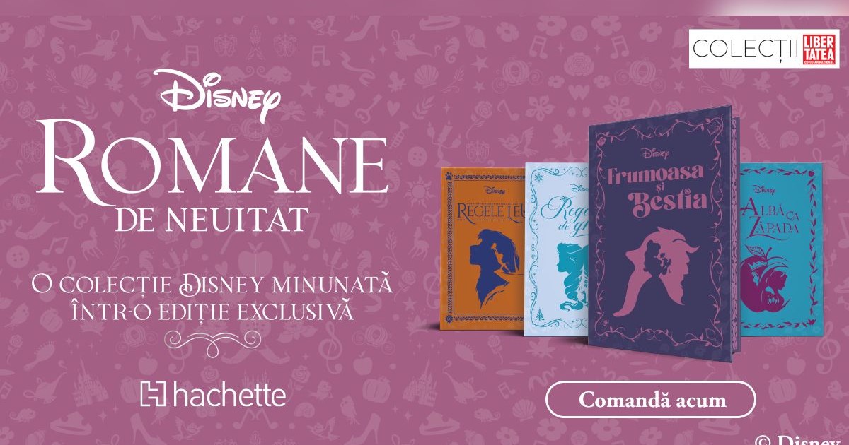Copertă de culoare mov cu text care promovează Romanele Disney în Colecțiile Libertatea