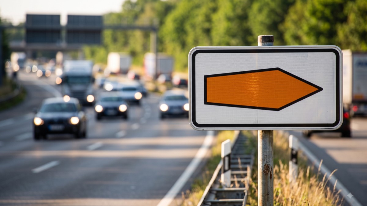 Imaginea prezintă un indicator rutier cu o săgeată portocalie amplasat pe marginea unei autostrăzi aglomerate cu vehicule în mișcare.