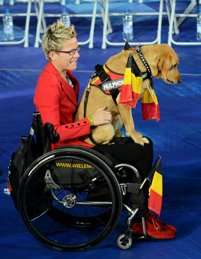 epa03374275 Belgium's wheelchair sprinter Marieke Vervoort and her assistance dog Zenn in the Olympic Stadium during the opening ceremony of the London 2012 Paralympic Games, London, Britain, 29 August 2012. EPA/FACUNDO ARRIZABALAGA