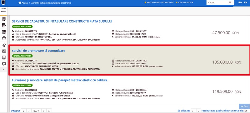 Contractul apare atribuit în SICAP