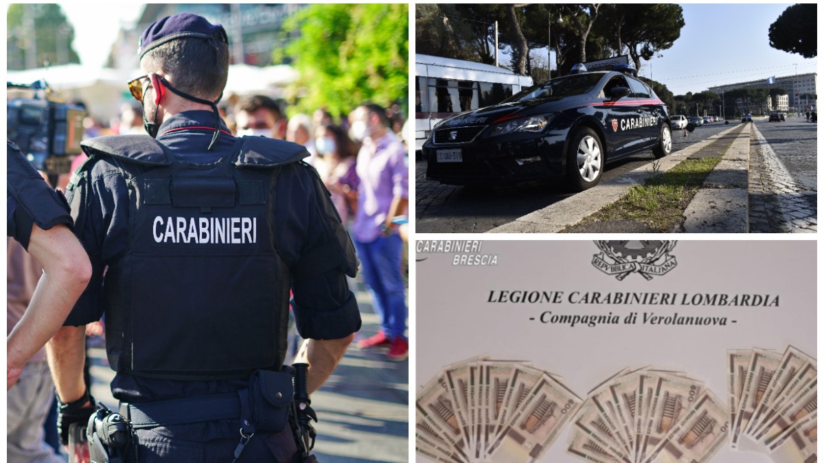 În imagine sunt trei imagini care ilustrează o mașină de carabinieri, un ofițer și bancnote vechi
