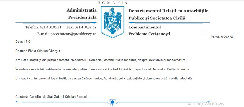 Răspunsul primit prin e-mail de Elvira Gherguț de la Administrația Prezidențială