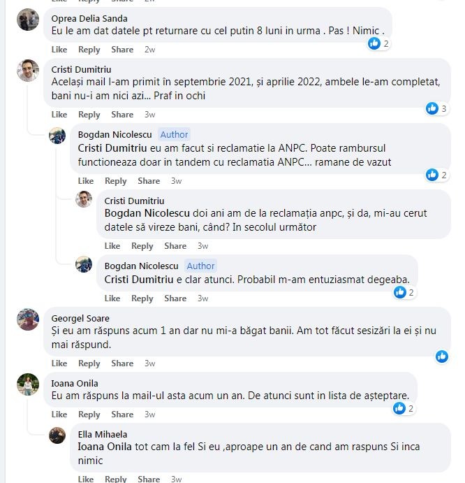 Mesaje postate pe pagina de facebook realizată de grupul păgubiților de la Blue Air