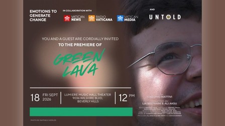 Afișul oficial al documentarului „Green Lava”, despre Giacomo Mattivi, realizat în colaborare cu Vatican News, Radio Vaticana și Vatican Media. Filmul este proiectat la Lumiere Music Hall din Beverly Hills, în cadrul procesului de calificare pentru Premiile Oscar. Sursă foto: Vatican News