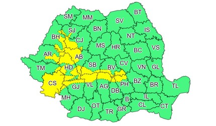Codul galben este valabil de azi la ora 17.00 până pe 19 ianuarie, ora 20.00. (sursă ANM)
