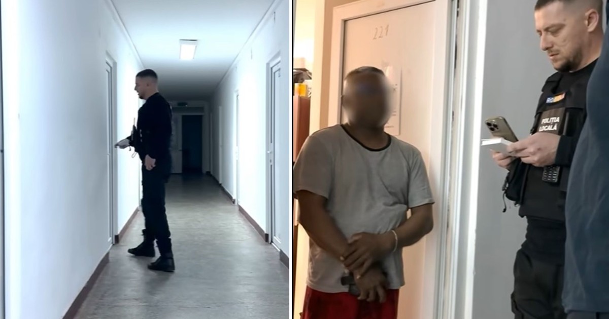 politie pe hol intr-un bloc, bate la usi și pune intrebari locatarilor