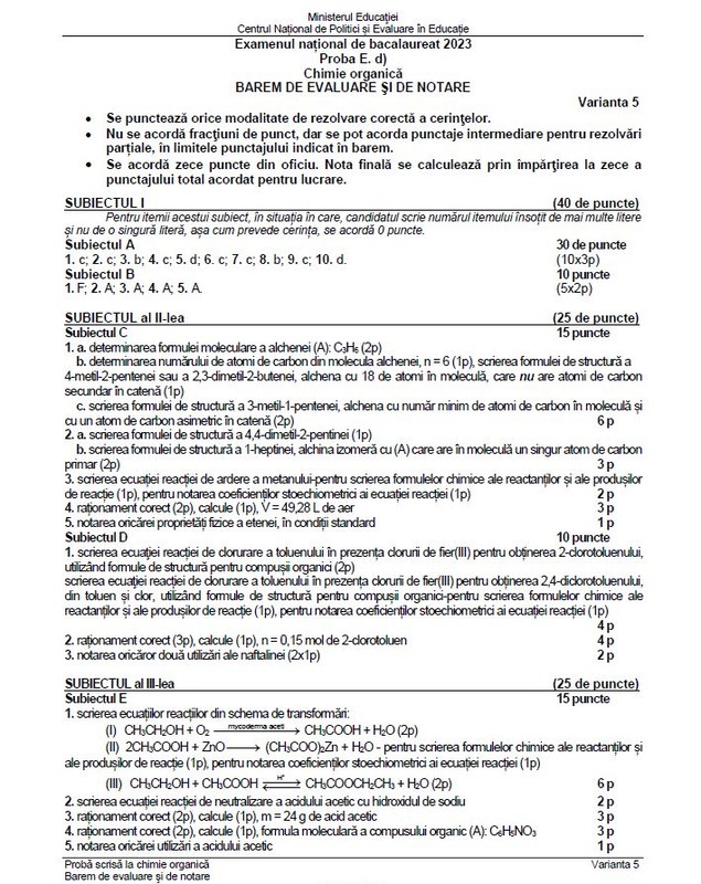 Baremul de corectare la BAC Chimie 2023 a fost publicat de Ministerul Educației. Cum trebuiau rezolvate subiectele