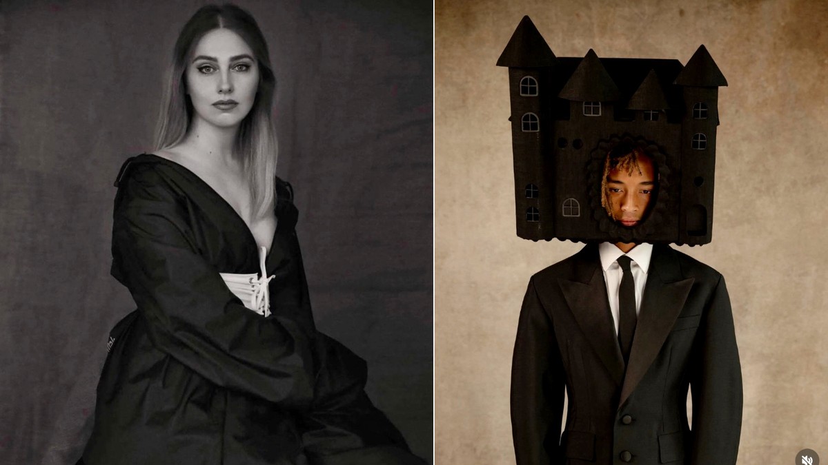 Colaj cu o tanara in negru si un model cu o geanta in forma de castel pe cap