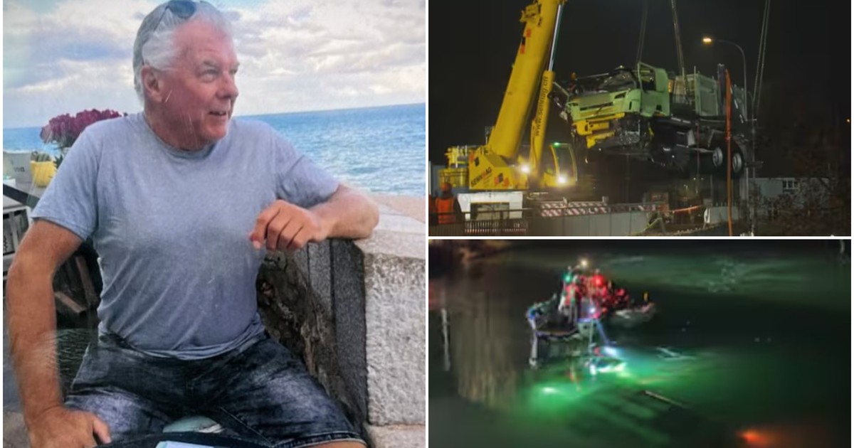 Un colaj din trei fotografii: în stânga apare un bărbat în vârstă îmbrăcat într-un tricou gri și pantaloni scurți, aflat pe un dig. În dreapta sus apare o macara galbenă ridicând un camion, iar imaginea din dreapta jos arată o operațiune de salvare subacvatică nocturnă.