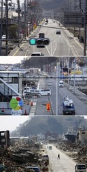 Trei imagini din orașul Kesennuma arată cum a fost curățată și reconstruită zona. Jos, o imagine din 15 aprilie 2011, la mijloc, una din 16 februarie 2012, iar sus, una din 21 februarie 2021 | FOTO: EPA