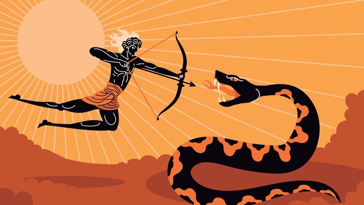 Ilustrație în stil grecesc cu zeul Apollo, care plutește în dreptul Soarelui și țintește cu arcul spre șarpele Python, care scuipă flăcări.