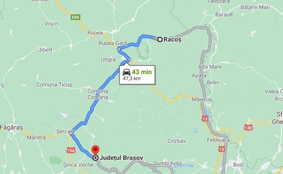 Distanța Racoș -Brașov se poate parcurge în 43 de minute cu mașina (foto captură Google Maps)