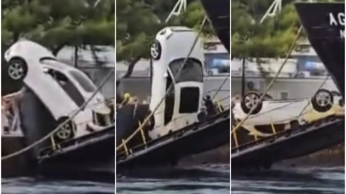 Colaj din trei fotografii care arată o mașină albă răsturnată pe rampa unui feribot