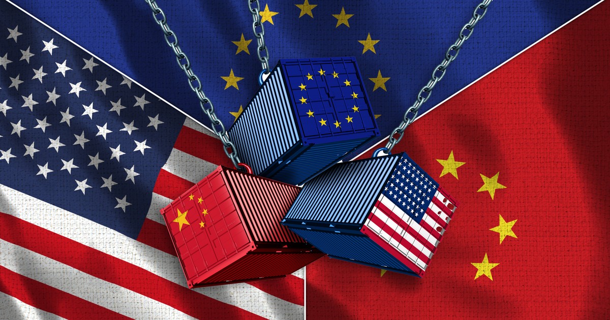 Colaj SUA, Europa, China, relatii comerciale, staguri, ilustrativ