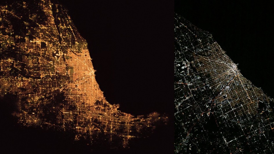 Orașul Chicago, SUA 2024 vazut din spatiu, în dreapta așa cum se vede de pe ISS în 2025, în stânga, Chicago în 2003, iluminat de lămpi cu vapori de sodiu