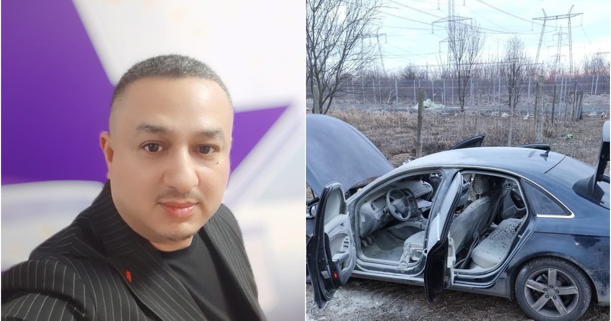 Colaj cu un barbat imbracat in negru si o masina incendiata