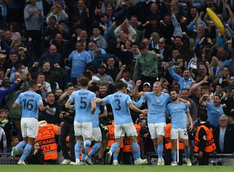 May 17, 2023, Manchester: Manchester, England, 17th May 2023. Bernardo Silva of Manchester City celebrates scoring their second goal with Erling Haaland of Manchester City during the UEFA Champions League match at the Etihad Stadium, Manchester.,Image: 776647444, License: Rights-managed, Restrictions: * United Kingdom Rights OUT *, Model Release: no