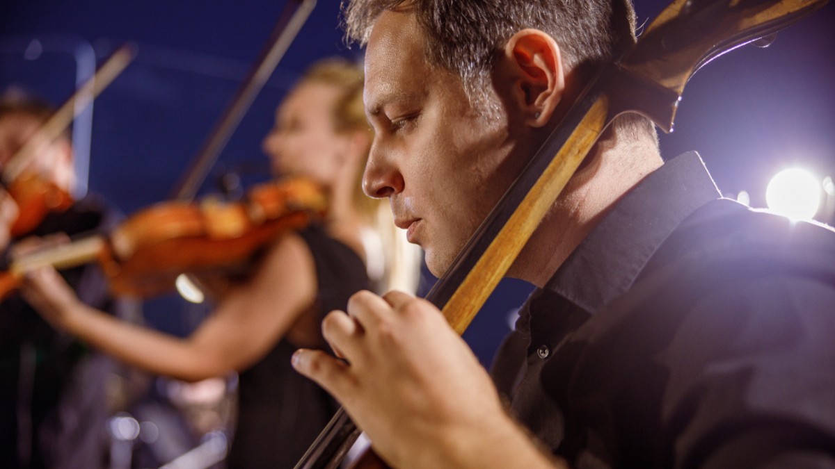 În imagine este ilustrat un bărbat îmbrăcat în cămașă neagră, care cântă la violoncel. În fundal este o femeie în rochie neagră, care cântă la violoncel.