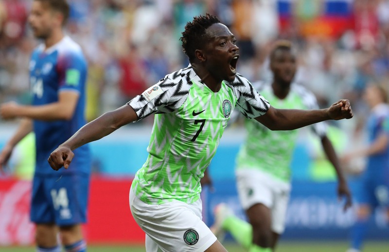 epa06831353 Ahmed Musa of Nigeria celebrates after scoring the 1-0 goal during the FIFA World Cup 2018 group D preliminary round soccer match between Nigeria and Iceland in Volgograd, Russia, 22 June 2018. (RESTRICTIONS APPLY: Editorial Use Only, not used in association with any commercial entity - Images must not be used in any form of alert service or push service of any kind including via mobile alert services, downloads to mobile devices or MMS messaging - Images must appear as still images and must not emulate match action video footage - No alteration is made to, and no text or image is superimposed over, any published image which: (a) intentionally obscures or removes a sponsor identification image; or (b) adds or overlays the commercial identification of any third party which is not officially associated with the FIFA World Cup) EPA-EFE/ZURAB KURTSIKIDZE EDITORIAL USE ONLY