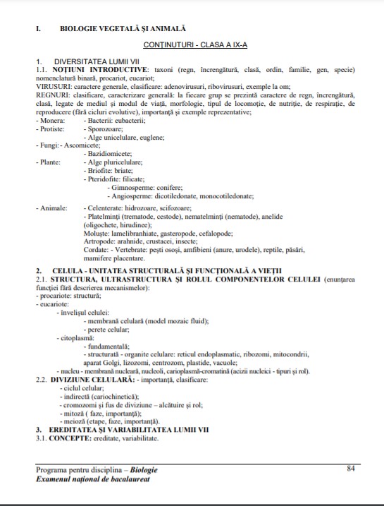 Programa Biologie Bac 2021