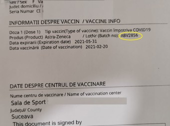 Adeverința de vaccinare din Suceava, cu vaccinul AstraZeneca din locul ABV2856