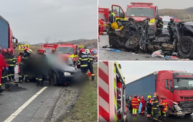 Primele imagini de la accidentul cu 5 morți din Sânpaul, Cluj: trei bărbați și doi copii au pierit într-un VW strivit de două TIR-uri