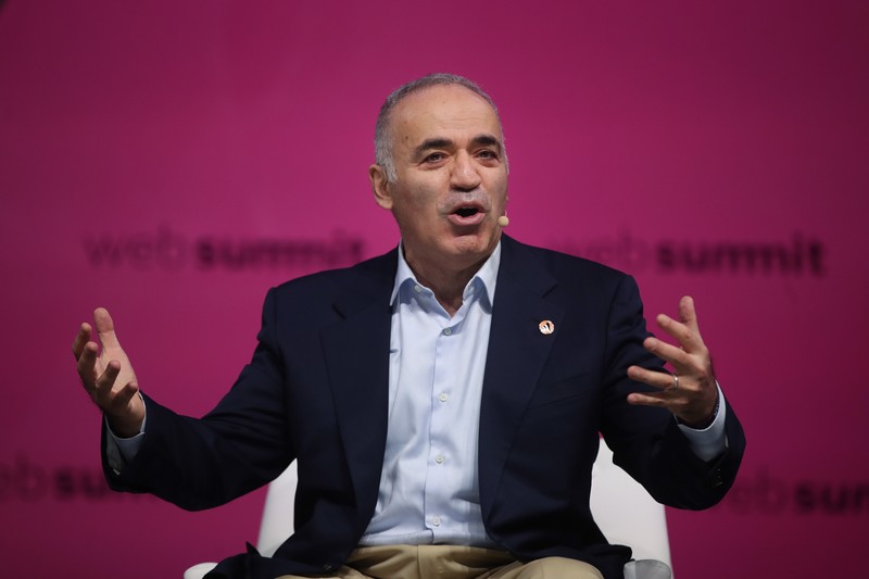 epa09561508 Chess Grandmaster, Russian Garry Kasparov speaks on the third day of the 2021 Web Summit in Lisbon, Portugal, 03 November 2021. More than 40,000 participants take part in the 2021 Web Summit, considered the largest event of startups and technological entrepreneurship in the world, that takes place from 01 to 04 November. EPA-EFE/MARIO CRUZ