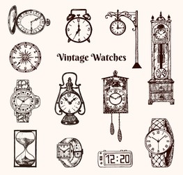 Vintage classic pocket watch, alarm clock, hourglass and dial showing time. Ancient collection elements. Engraved hand drawn old monochrome sketch