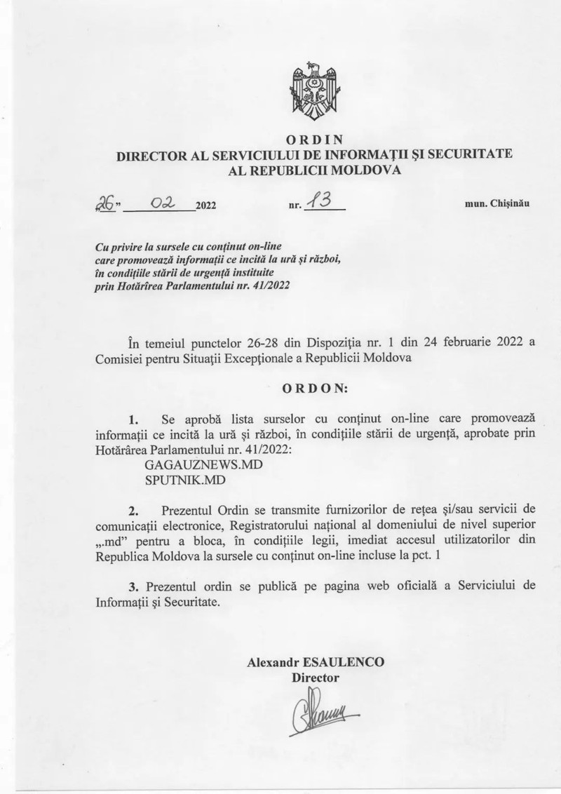 Ordinul directorului Serviciului de Informaţii şi Securitate din Republica Moldova