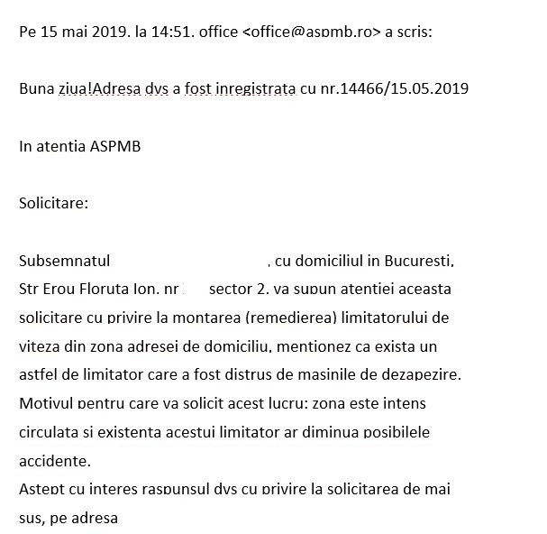 Una dintre petițiile trimise încă din 2019 către Administrația Străzilor București