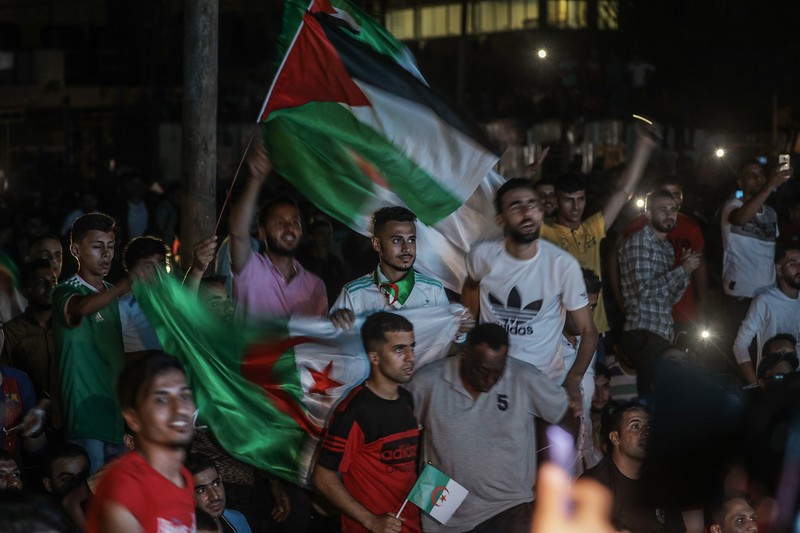 epa07728473 Palestinians supporters of the Algerian soccer team celebrate after Algeria won the 2019 Africa Cup of Nations (AFCON) final soccer match between Algeria and Senegal, in Gaza City, 19 July 2019. EPA-EFE/MOHAMMED SABER
