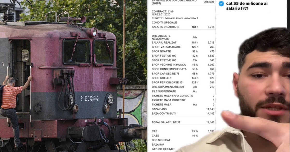 Colaj: in stanga un barbat cu geaca portocalie se urca intr-o locomotiva CFR/ in dreapta un barbat cu bluză bej arată spre fluturașul de salariu