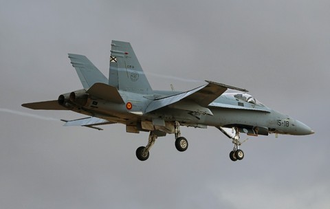 Un avion de vânătoare F/A-18 Hornet aflat în zbor la altitudine joasă, cu trenul de aterizare coborât