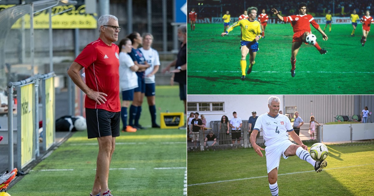 Andy Egli a stat pe banca echipei feminine FC Breitenrain până anul trecut. În dreapta, sus, într-un meci al naționalei; jos, la un meci de old-boys
