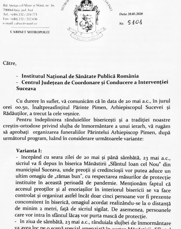 Instituția lui Arafat anunță că acordul pentru funeraliile lui Pimen nu a prevăzut și o derogare de la normele de sănătate publică