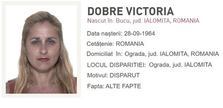 Anunțul dispariției Victoriei Dobre. Sursa foto: Poliția Română