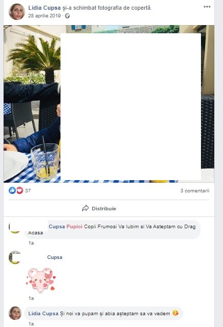 O rudă îi spune că o iubește și o așteaptă acasă pe 28 aprilie 2019, ea răspunde că abia așteaptă să se revadă | Foto: captură Facebook Lidia Cupșa
