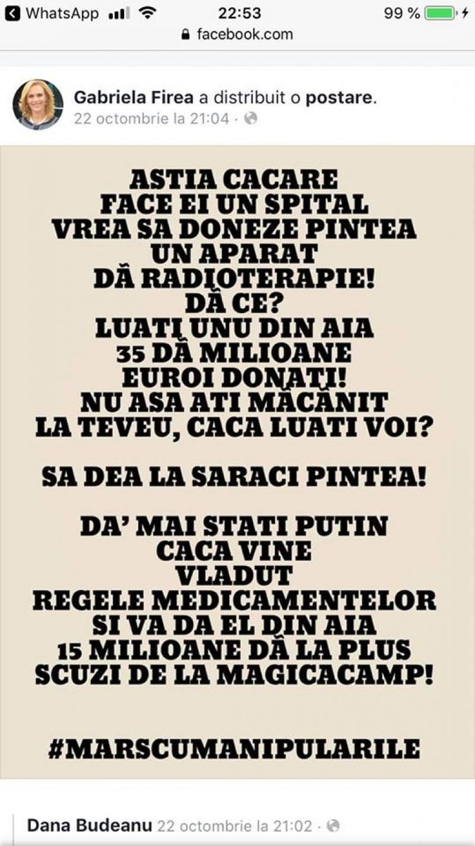 Postarea distribuită de Gabriela Firea pe contul de Facebook