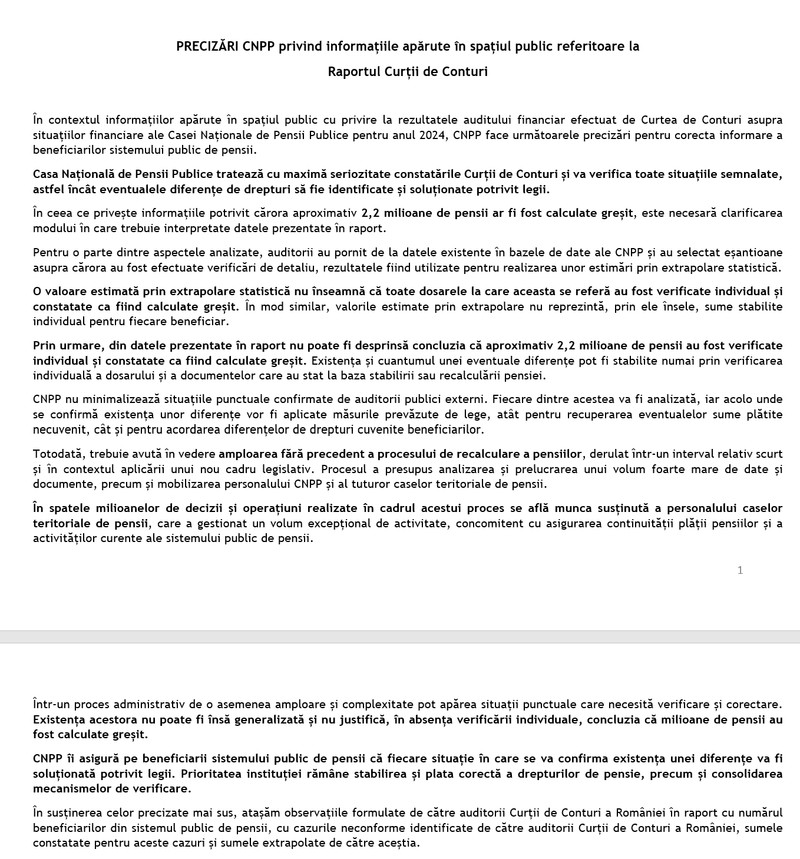 Comunicat al Casei Naționale de Pensii Publice, publicat pe 18 septembrie 2026, cu precizări privind raportul Curții de Conturi și informațiile despre pensiile posibil recalculate greșit. Sursa: CNPP