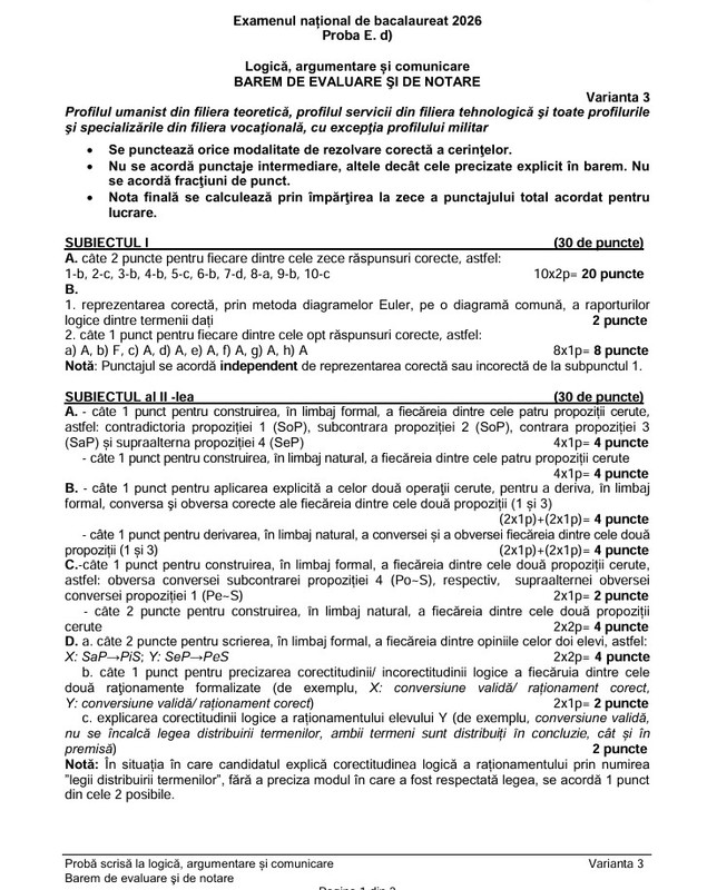 Subiecte BAC Logică 2026. Baremul de corectare a fost publicat