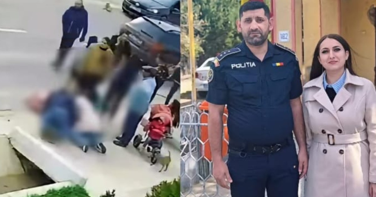 În stânga o imagine blurată cu oameni care sunt strânși în urma unui incident. În dreapta un bărbat în uniformă de polițist și o femeie brunetă în palton roz