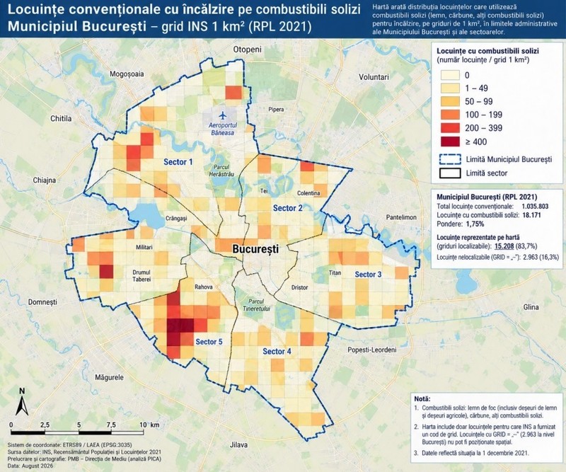 Harta locuințelor din București care utilizează lemn sau cărbune. Foto: PMB